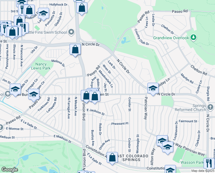 map of restaurants, bars, coffee shops, grocery stores, and more near 2504 Meadowlark Lane in Colorado Springs
