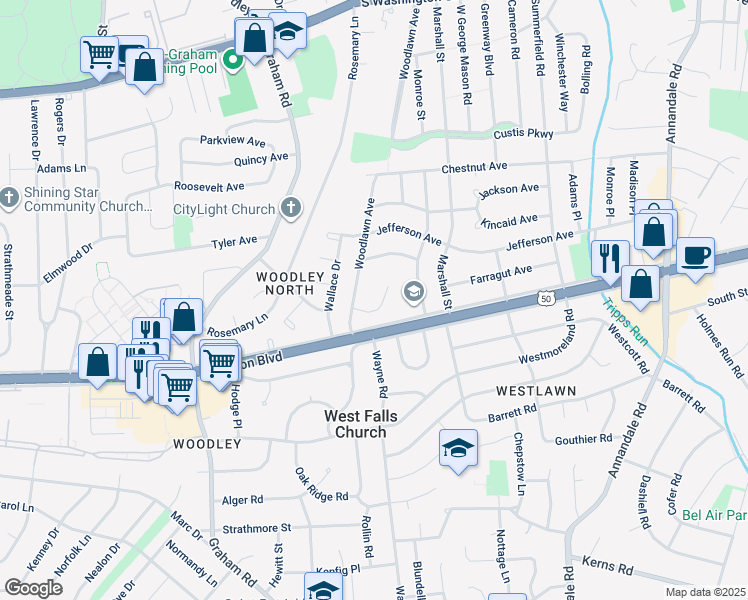 map of restaurants, bars, coffee shops, grocery stores, and more near 7010 Aronow Drive in Falls Church