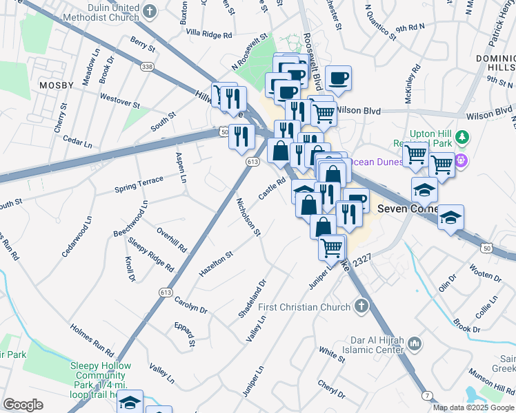 map of restaurants, bars, coffee shops, grocery stores, and more near 3019 Castle Road in Falls Church