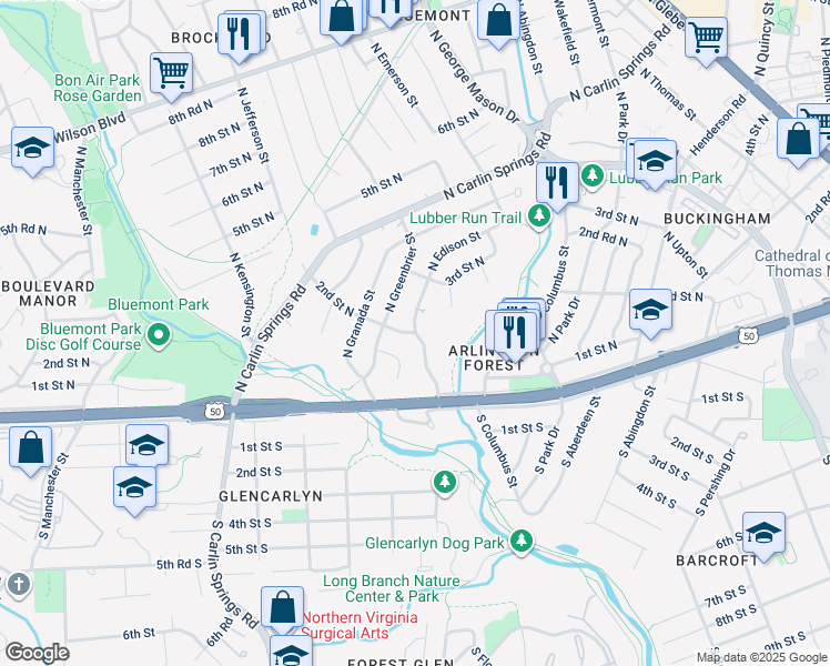 map of restaurants, bars, coffee shops, grocery stores, and more near 2nd Street North in Arlington