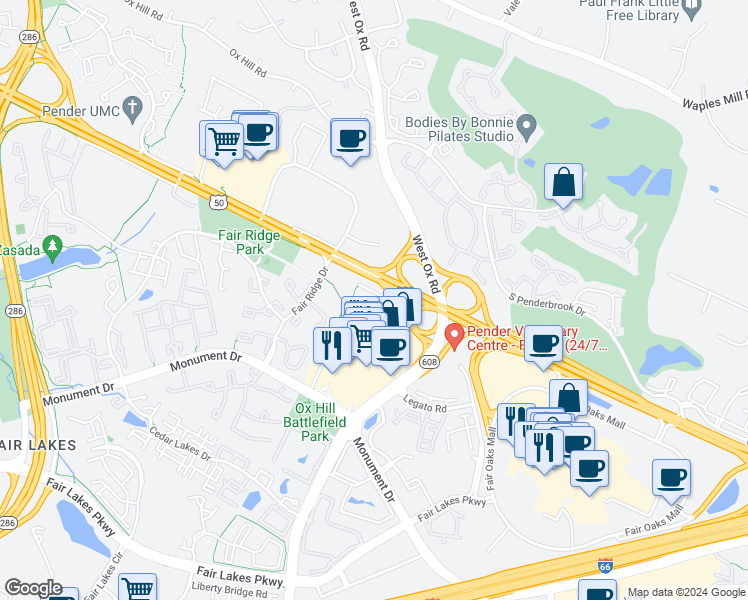 map of restaurants, bars, coffee shops, grocery stores, and more near 4108 Monument Court in Fairfax
