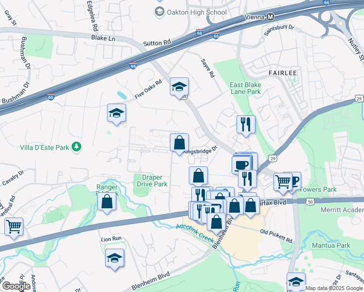 map of restaurants, bars, coffee shops, grocery stores, and more near 9701 Kings Crown Court in Fairfax