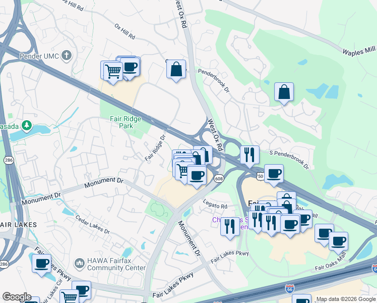 map of restaurants, bars, coffee shops, grocery stores, and more near 4108 Monument Court in Fairfax