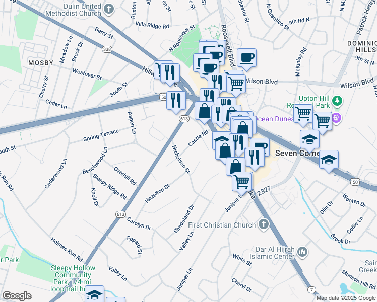map of restaurants, bars, coffee shops, grocery stores, and more near 3019 Castle Road in Falls Church