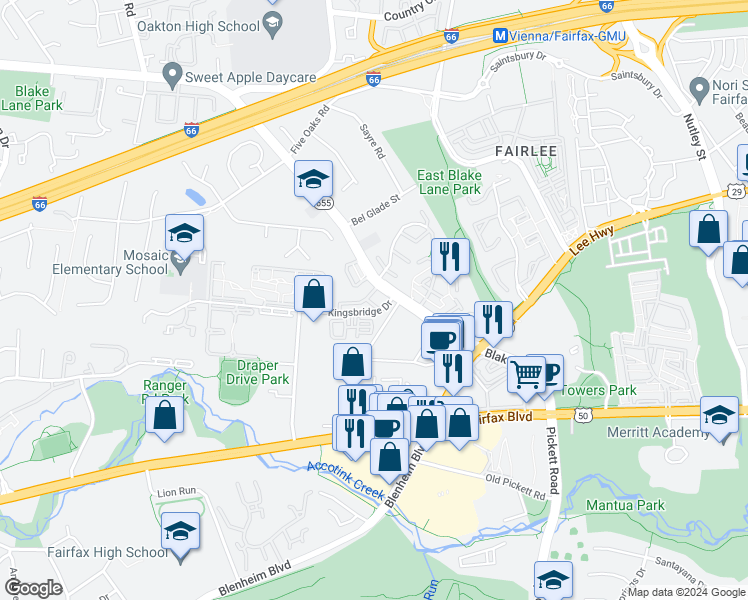 map of restaurants, bars, coffee shops, grocery stores, and more near 3173 Welby Court in Fairfax