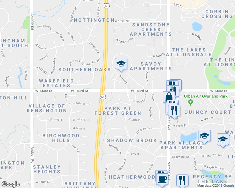map of restaurants, bars, coffee shops, grocery stores, and more near 6232 Robinson Street in Overland Park