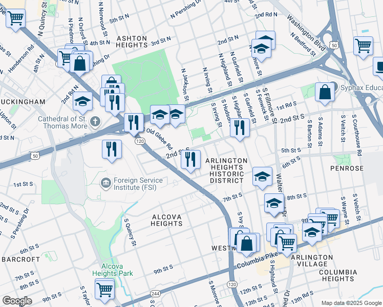 map of restaurants, bars, coffee shops, grocery stores, and more near 2nd Street South in Arlington