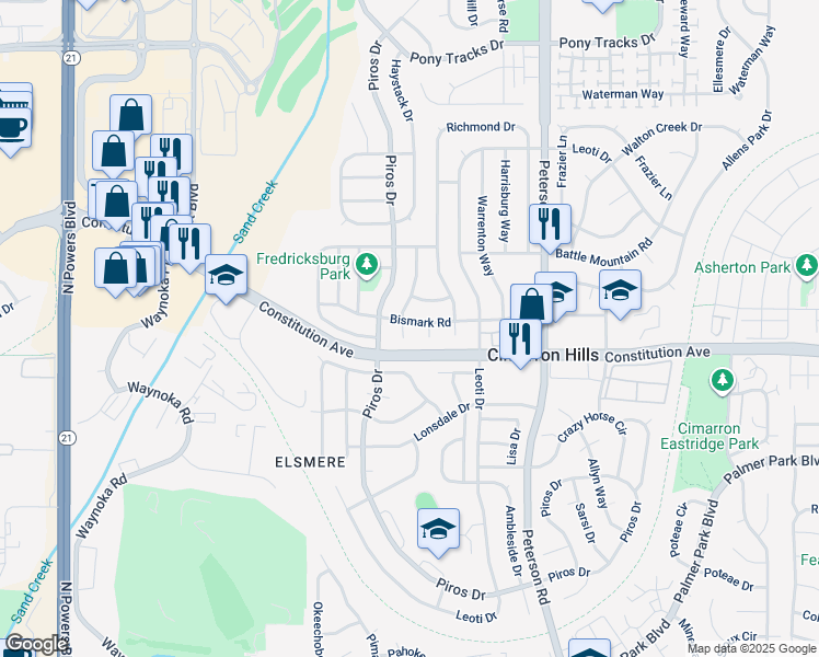 map of restaurants, bars, coffee shops, grocery stores, and more near 6535 Leesburg Road in Colorado Springs