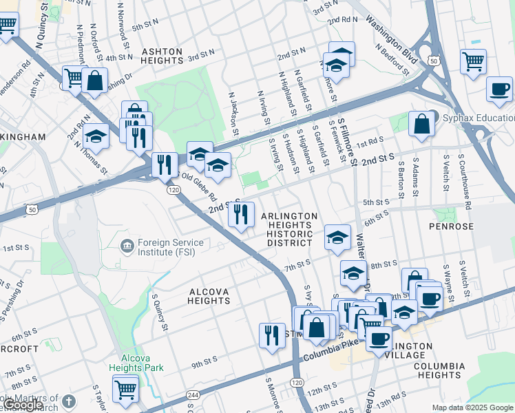 map of restaurants, bars, coffee shops, grocery stores, and more near 3364 2nd Street South in Arlington