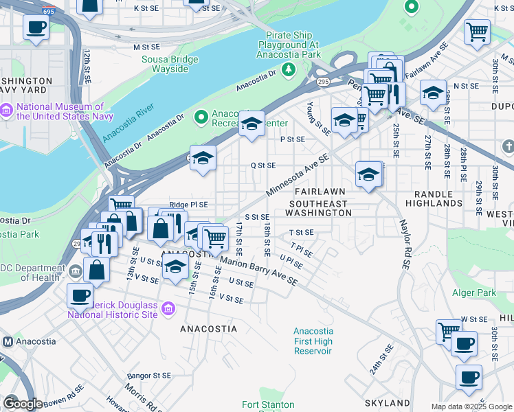 map of restaurants, bars, coffee shops, grocery stores, and more near 1733 Minnesota Avenue Southeast in Washington