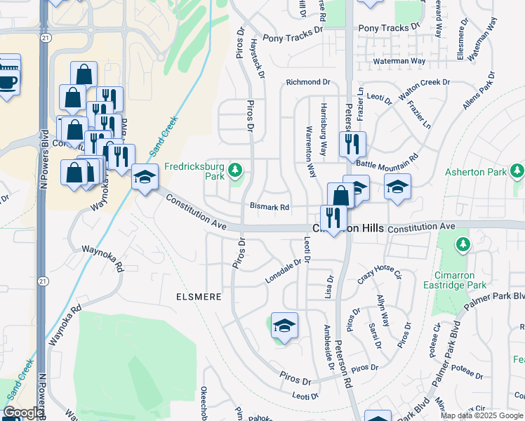 map of restaurants, bars, coffee shops, grocery stores, and more near 6535 Leesburg Road in Colorado Springs