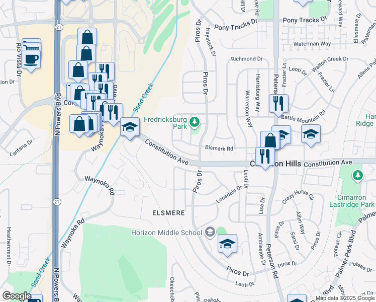 map of restaurants, bars, coffee shops, grocery stores, and more near 2610 Fredricksburg Drive in Colorado Springs