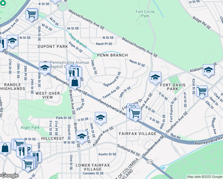 map of restaurants, bars, coffee shops, grocery stores, and more near 3508 Texas Avenue Southeast in Washington