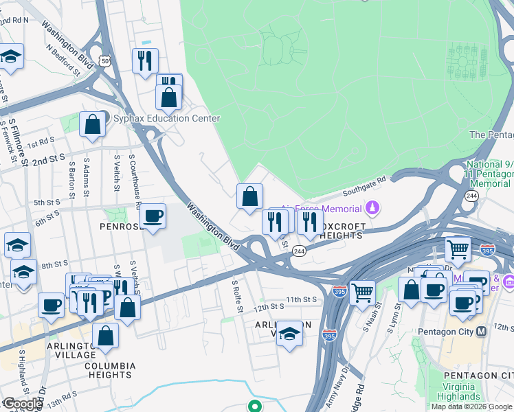 map of restaurants, bars, coffee shops, grocery stores, and more near in Arlington