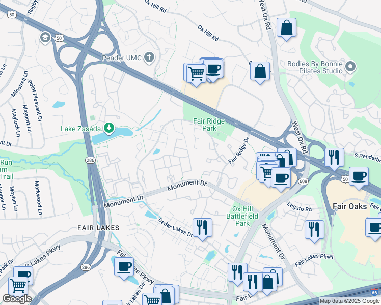 map of restaurants, bars, coffee shops, grocery stores, and more near 4131 Brookgreen Drive in Fairfax
