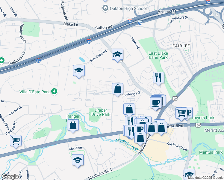 map of restaurants, bars, coffee shops, grocery stores, and more near 9718 Kingsbridge Drive in Fairfax
