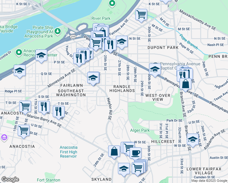 map of restaurants, bars, coffee shops, grocery stores, and more near 2515 R Street Southeast in Washington