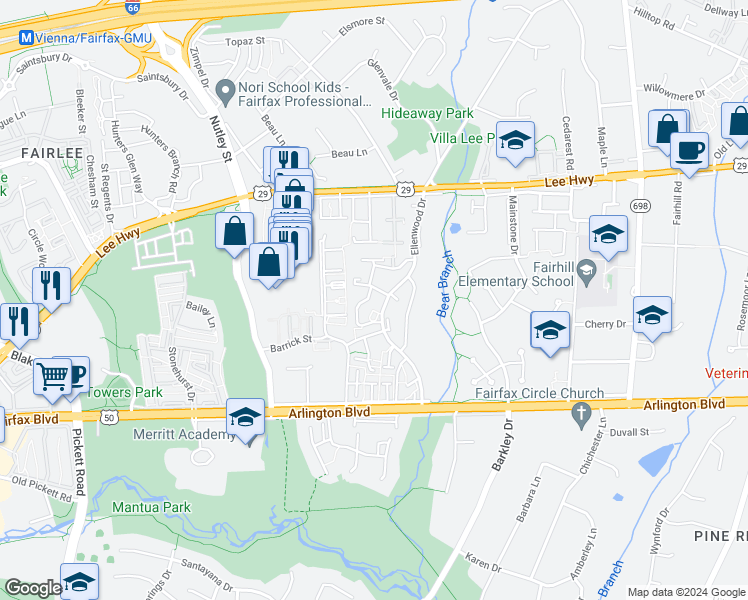 map of restaurants, bars, coffee shops, grocery stores, and more near 3009 Talking Rock Drive in Fairfax