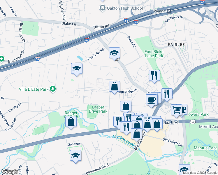 map of restaurants, bars, coffee shops, grocery stores, and more near 9718 Kingsbridge Drive in Fairfax