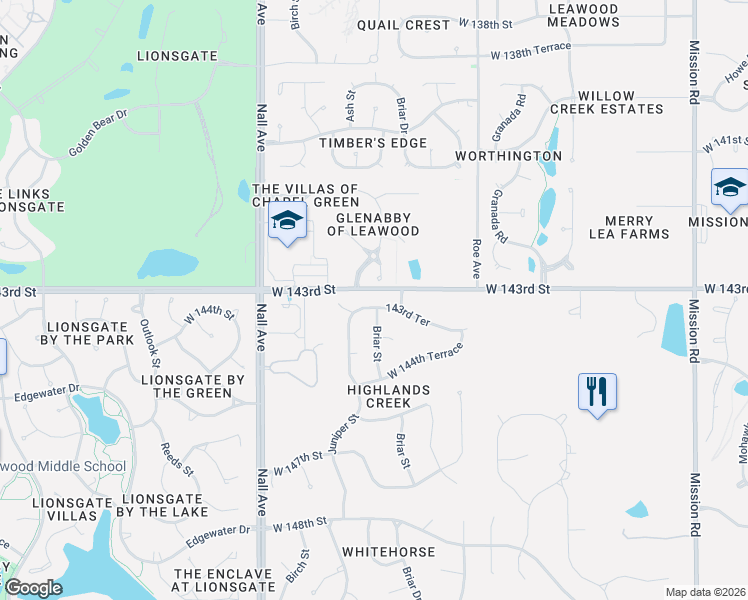 map of restaurants, bars, coffee shops, grocery stores, and more near 5010 West 142nd Terrace in Overland Park