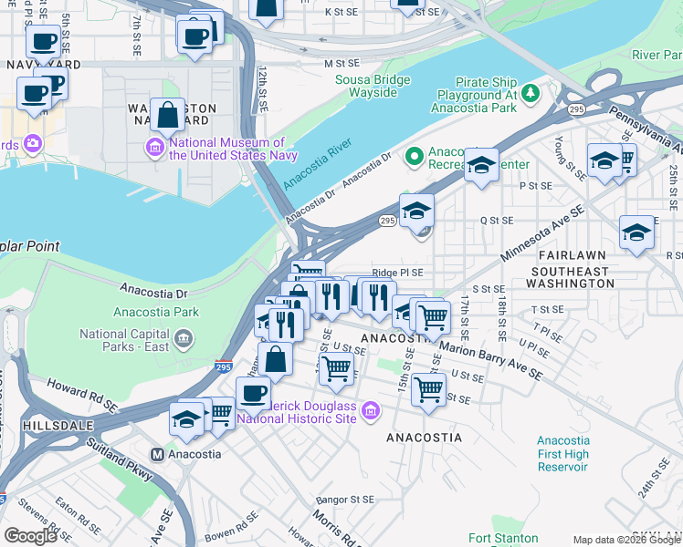 map of restaurants, bars, coffee shops, grocery stores, and more near 101 Independence Avenue Southeast in Washington