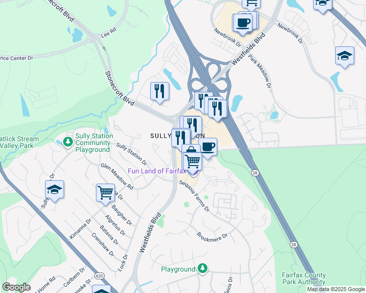 map of restaurants, bars, coffee shops, grocery stores, and more near 5123 Westfields Boulevard in Centreville