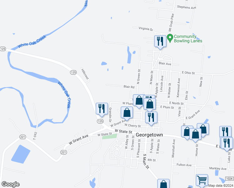 map of restaurants, bars, coffee shops, grocery stores, and more near 406 West Plum Street in Georgetown
