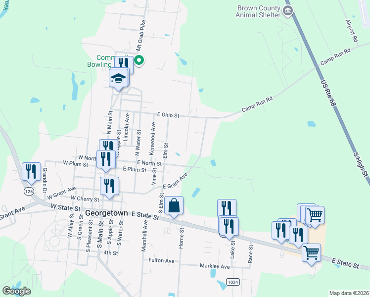 map of restaurants, bars, coffee shops, grocery stores, and more near 54 New Street in Georgetown
