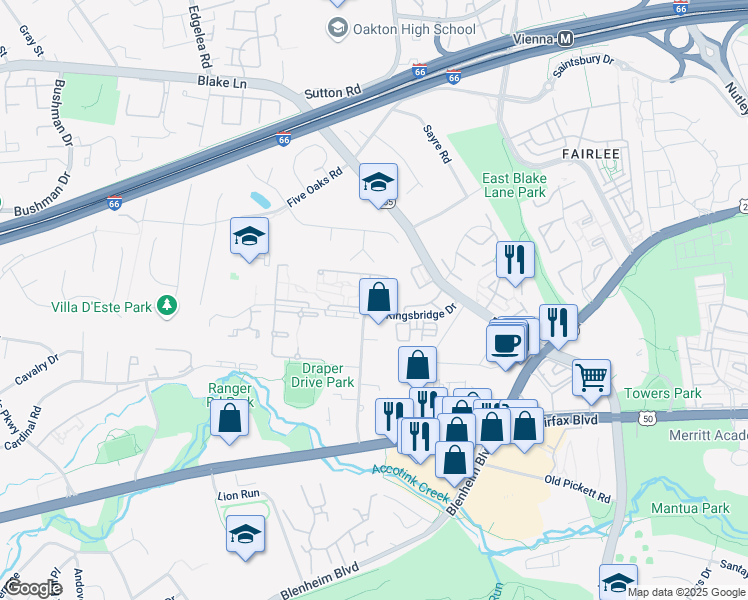 map of restaurants, bars, coffee shops, grocery stores, and more near 9700 Kingsbridge Drive in Fairfax