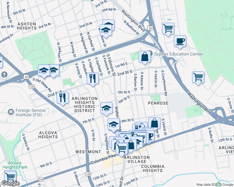 map of restaurants, bars, coffee shops, grocery stores, and more near 2810 5th Street South in Arlington