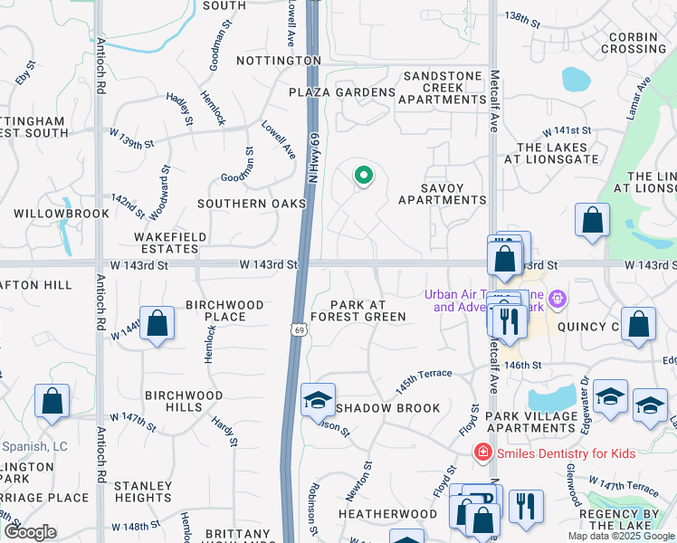 map of restaurants, bars, coffee shops, grocery stores, and more near 14300 Robinson Street in Overland Park