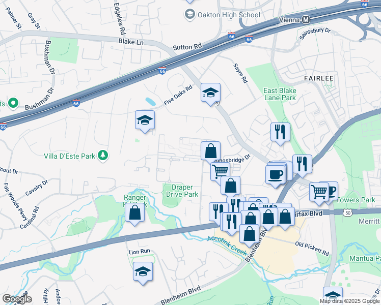 map of restaurants, bars, coffee shops, grocery stores, and more near 9728 Kingsbridge Drive in Fairfax