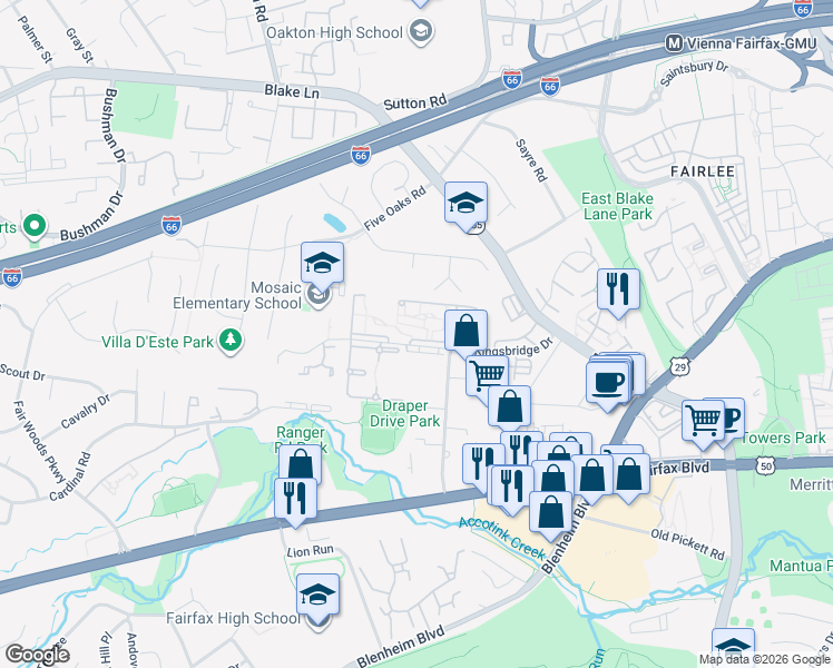 map of restaurants, bars, coffee shops, grocery stores, and more near 9712 Kingsbridge Drive in Fairfax