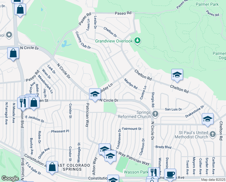 map of restaurants, bars, coffee shops, grocery stores, and more near 2627 Holiday Lane in Colorado Springs