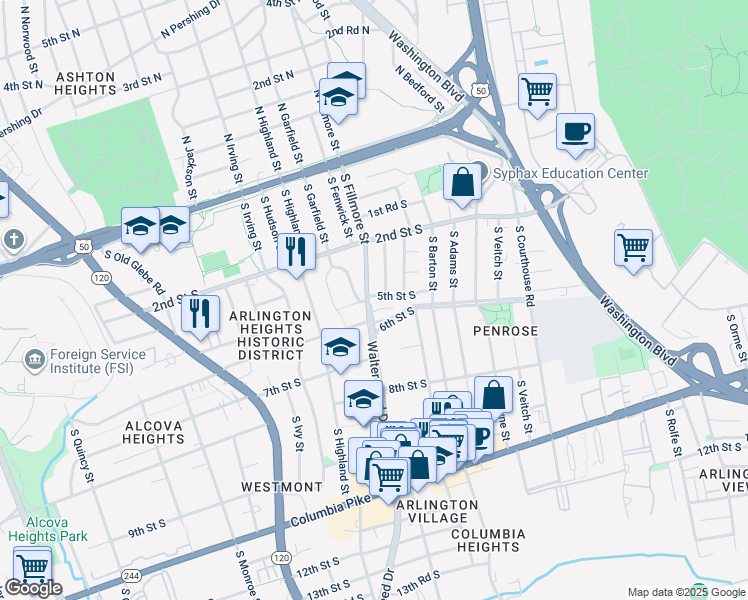map of restaurants, bars, coffee shops, grocery stores, and more near 2810 5th Street South in Arlington
