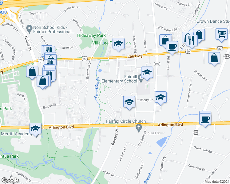 map of restaurants, bars, coffee shops, grocery stores, and more near 8922 Garden Gate Drive in Fairfax