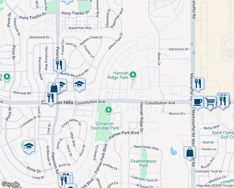 map of restaurants, bars, coffee shops, grocery stores, and more near 2507 Grand Prix Court in Colorado Springs