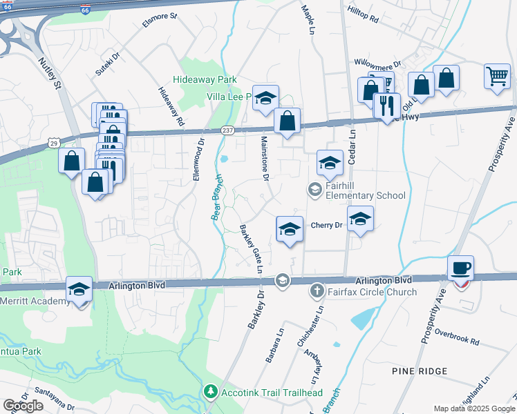 map of restaurants, bars, coffee shops, grocery stores, and more near 8922 Garden Gate Drive in Fairfax