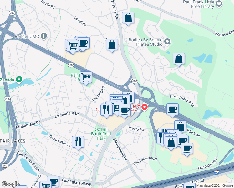 map of restaurants, bars, coffee shops, grocery stores, and more near 4104 Monument Court in Fairfax