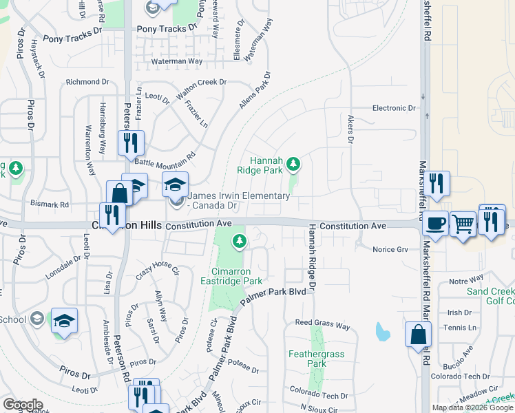 map of restaurants, bars, coffee shops, grocery stores, and more near 2507 Grand Prix Court in Colorado Springs