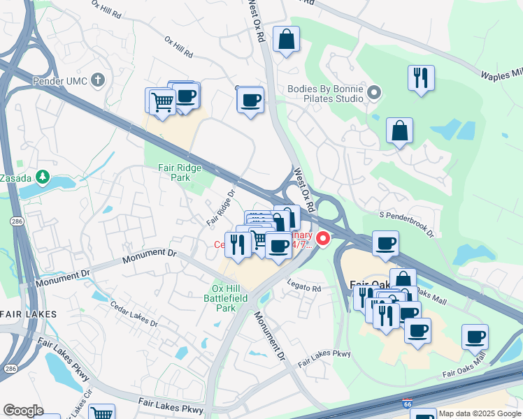 map of restaurants, bars, coffee shops, grocery stores, and more near 4104 Monument Court in Fairfax