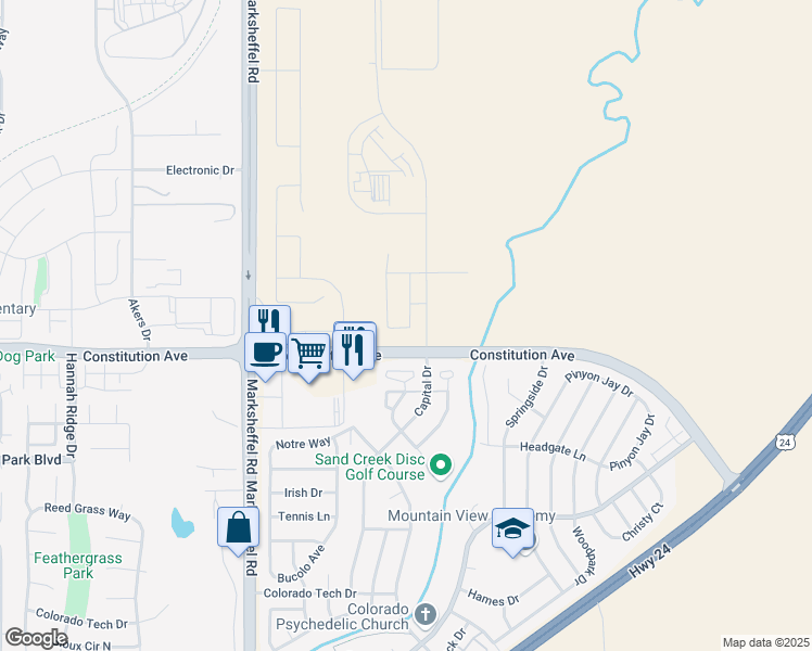map of restaurants, bars, coffee shops, grocery stores, and more near 2476 Tempest Drive in Colorado Springs