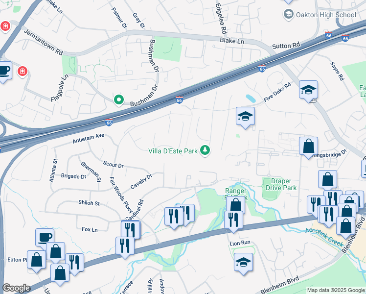 map of restaurants, bars, coffee shops, grocery stores, and more near 3141 Flintlock Road in Fairfax