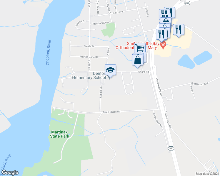 map of restaurants, bars, coffee shops, grocery stores, and more near 303 Sharp Road in Denton