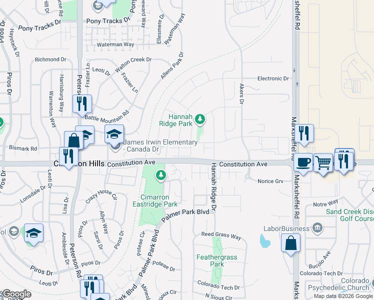 map of restaurants, bars, coffee shops, grocery stores, and more near 2507 Grand Prix Court in Colorado Springs