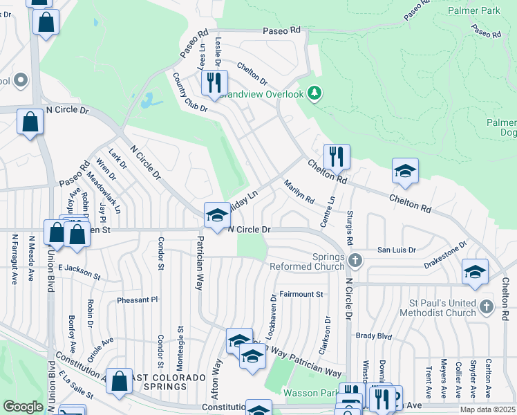 map of restaurants, bars, coffee shops, grocery stores, and more near 2627 Holiday Lane in Colorado Springs