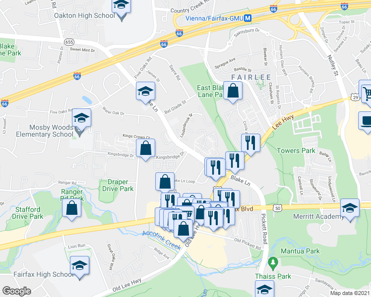 map of restaurants, bars, coffee shops, grocery stores, and more near Blake Ln & Kingsbridge Dr in Oakton