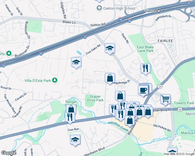 map of restaurants, bars, coffee shops, grocery stores, and more near 9718 Kingsbridge Drive in Fairfax