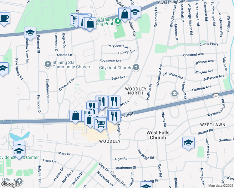 map of restaurants, bars, coffee shops, grocery stores, and more near 3015 Graham Road in Falls Church