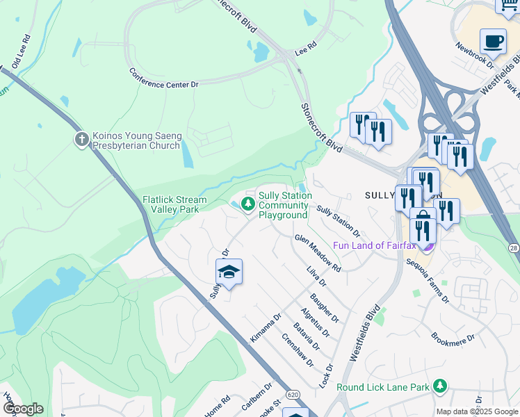 map of restaurants, bars, coffee shops, grocery stores, and more near 5266 Glen Meadow Drive in Centreville